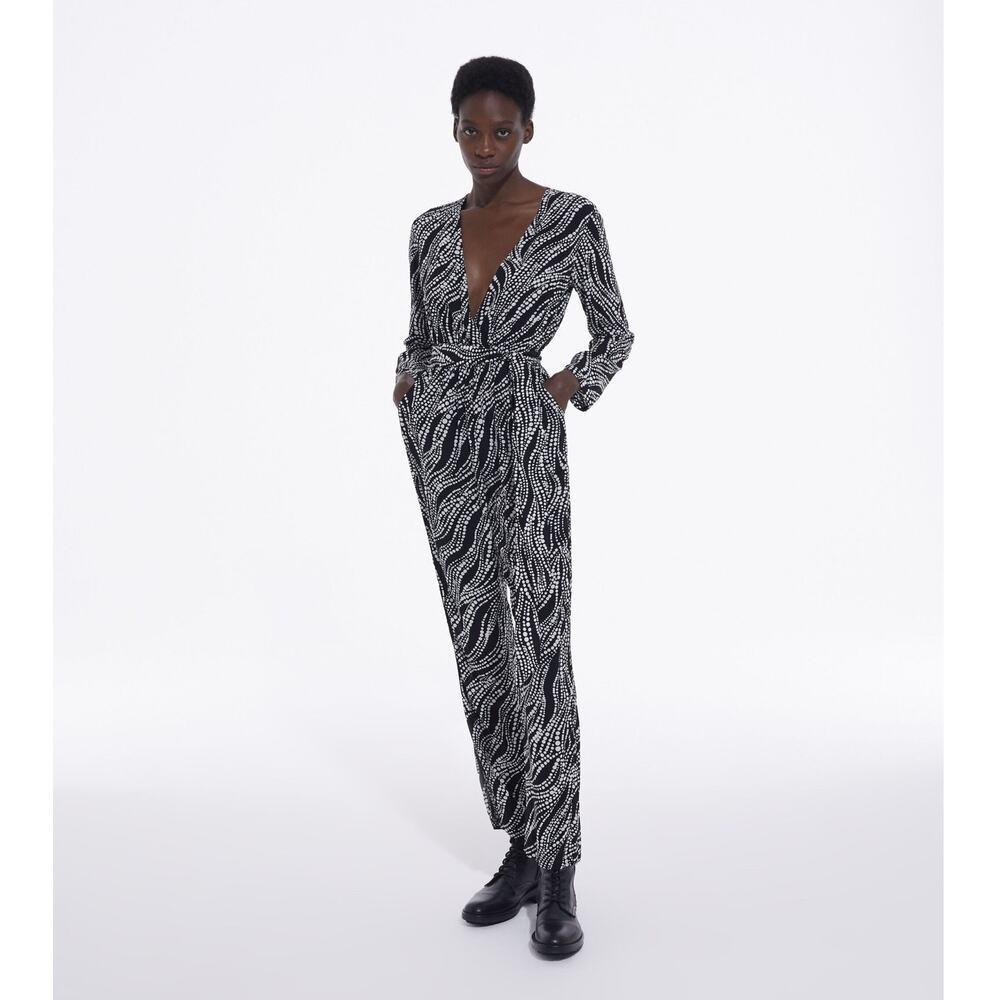 NWT The Kooples Printed Long Sleeve V-Neck Plunge Belted Plunge Jumpsuit Size 3